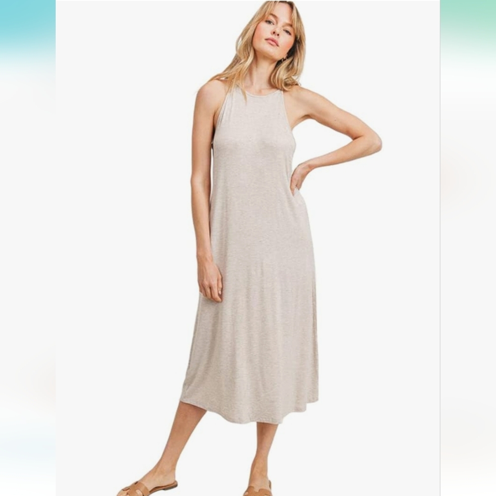 Three Bird Nest Sleeveless High Neck Midi Dress Small Oatmeal Heather